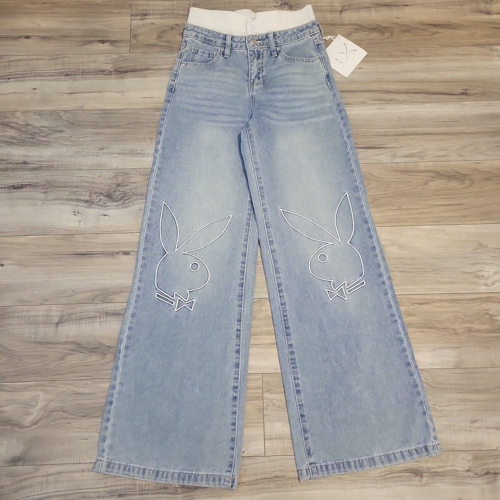 Playboy Bunny Jeans Womens Size 1 Blue Denim Embroidered Logo Wide-Leg